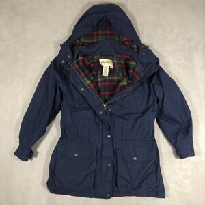 Vintage Eddie Bauer Jacket Womens M Navy Blue Chore Coat Plaid Flannel Lined